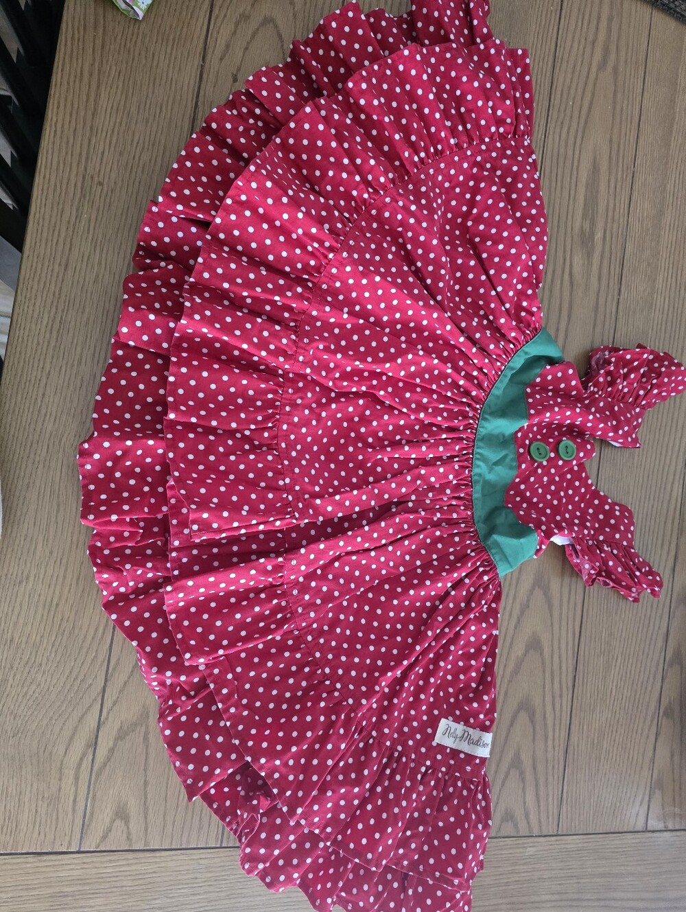Nelly Madison Red Polka Dot Ruffled Dress with Green Waistband